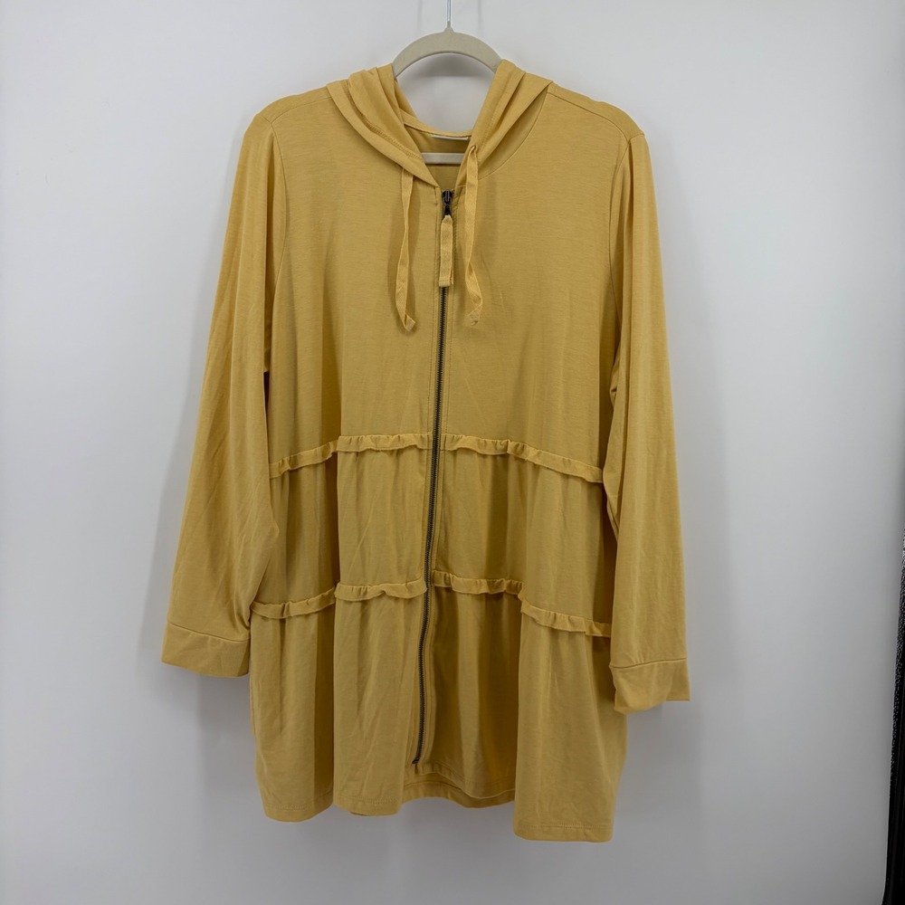 LOGO Lounge Womens 1X Yellow Zip Up Hoodie Tiered Ruffle Pockets Long Sleeve